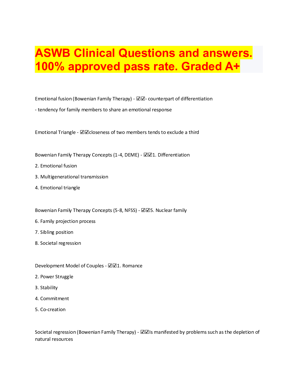 Preview image for ASWB Clinical Questions and answers. 100% approved pass rate. Graded A+
